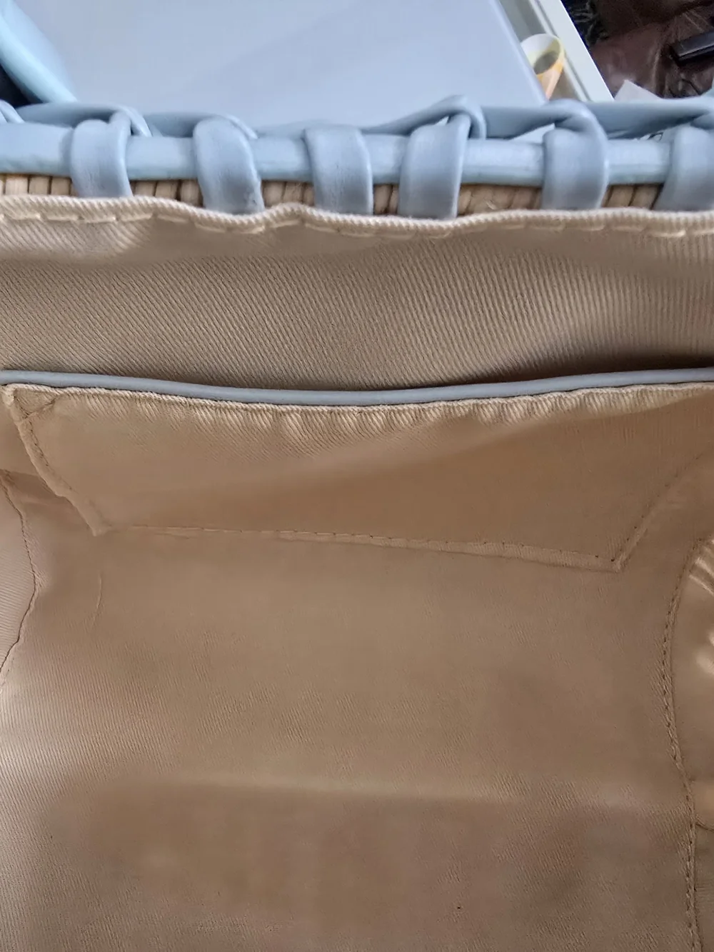 Woven Rattan Bag with Light Blue Trim